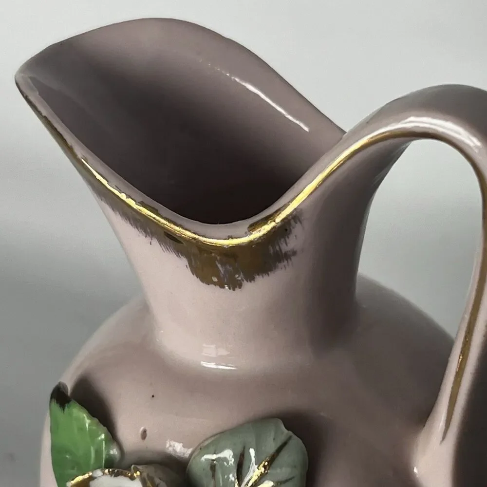 Vintage Mini Pitcher/ Bud Vase~ Pink w/ Applied Porcelain Flowers & Gold Trim